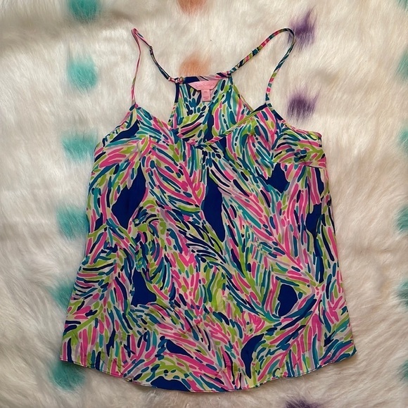 Lilly PULITZER SILK DUSK TOP‎ INDIGO PALM - Picture 1 of 8